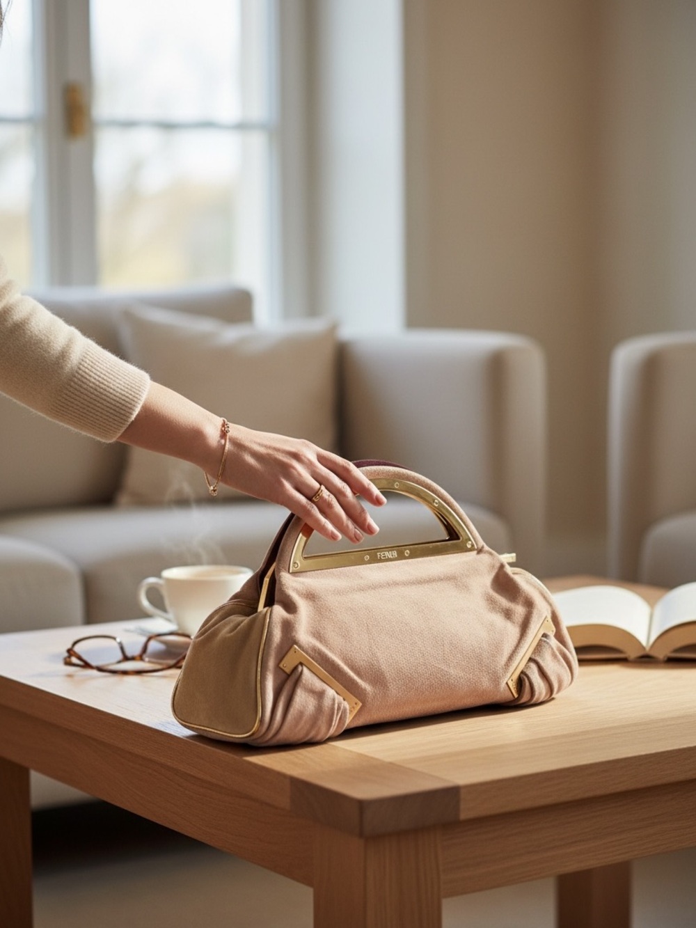 Fendi Beige and Pink Suede Mini Top-Handle Bag with Rose Gold Trim.